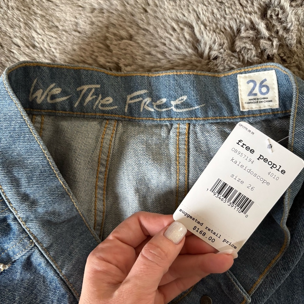 Free People In My‎ Element Kaleidoscope Blue Patchwork Wide-Leg Jeans Lace 26 - Picture 7 of 11